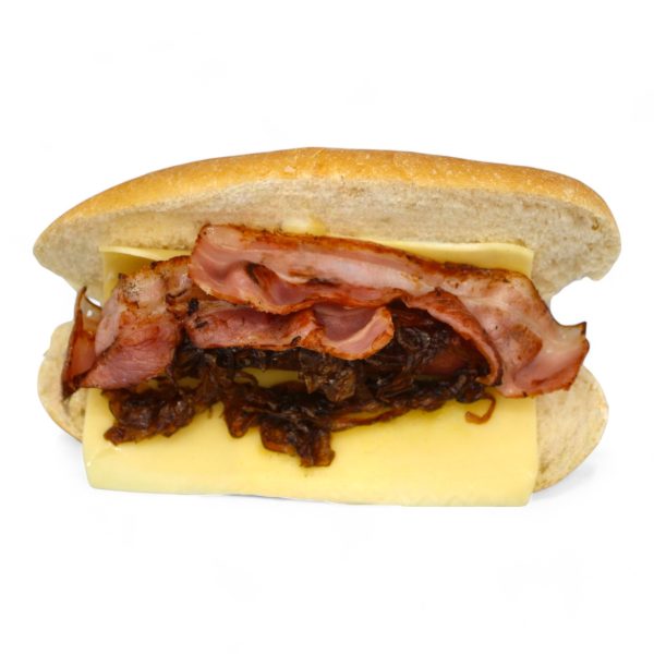 Con queso, cebolla a la plancha y bacon